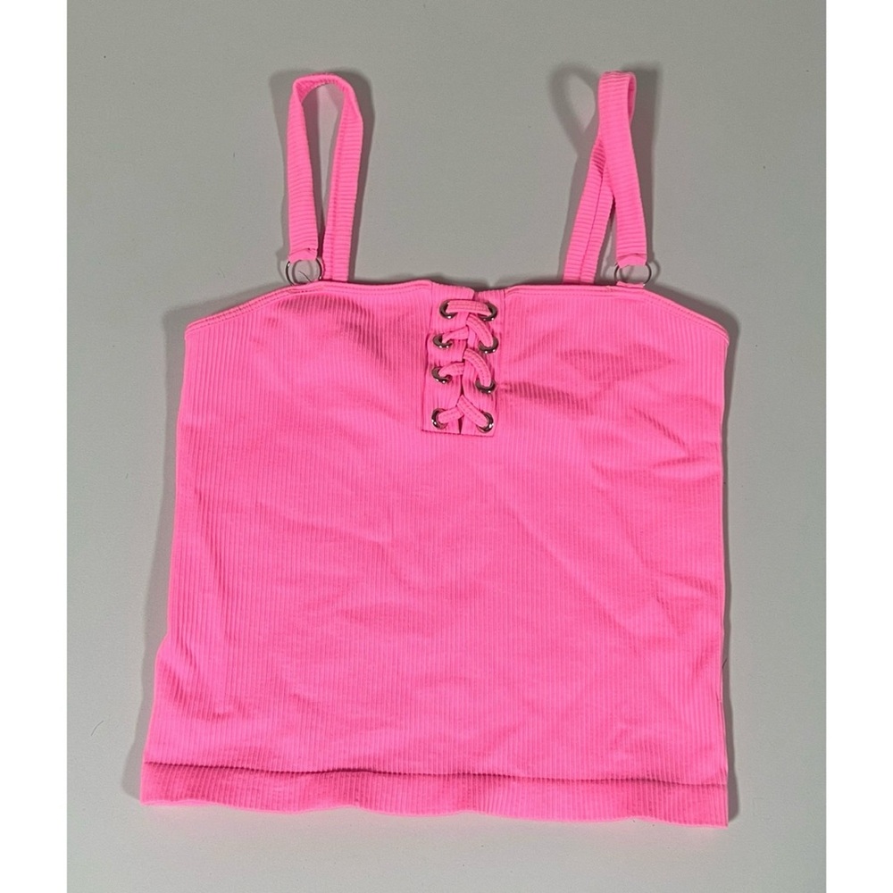 Hot Pink Neon Lace-Up Fitted Stretch Tank Top Cami Camisole Shirt Blouse O/S 🌸✨